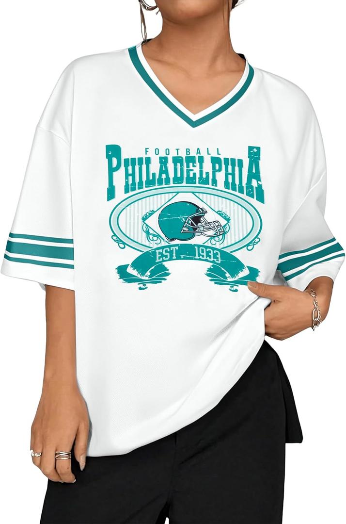 Football Shirts Women Game Day Oversized Shirt Football Team Fan Tee Sports Jersey Gift Tops (White, M)