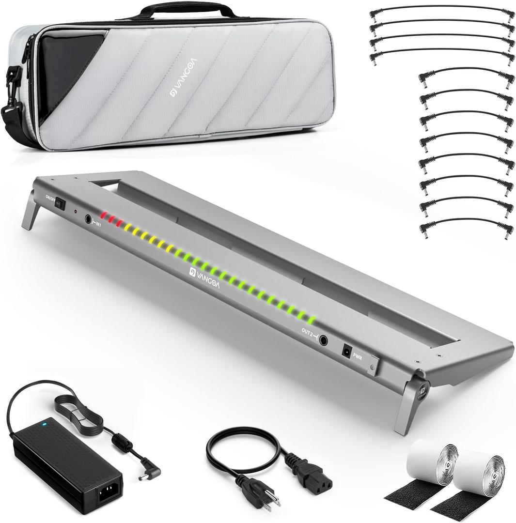Vangoa Pro Guitar Pedal Board with 12-Isolated High-Current Power Supply, PD-XL Aluminum Folding Extended 30% More Space Powered Pedalboard Includes Premium Gig Bag, 21"x6.5", 2.7lb, Gray
