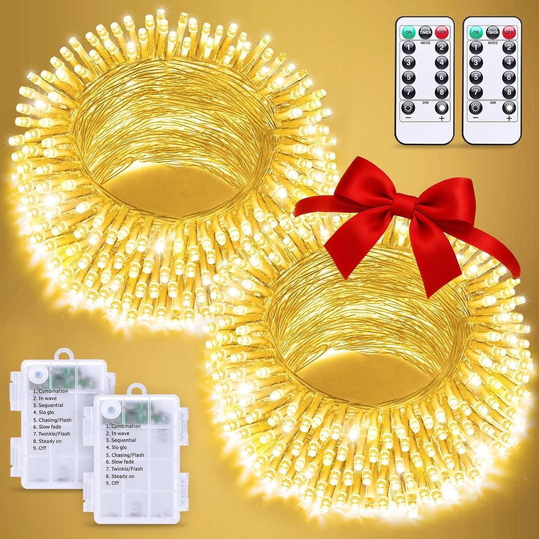 JMEXSUSS 2 Pack Outdoor String Lights Battery Operated, Total 66ft 200 LED Fairy Lights with Remote, Warm White Battery Christmas Lights for Bedroom Indoor Holiday House Tree Porch Party Yard