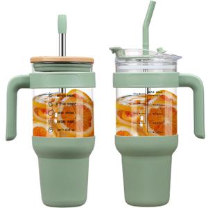 Chunmo 40 oz Glass Tumbler with 2 Lids - Bamboo Straw Lid & 2-in-1 Sip and Flip Straw Lid, Iced Coffee Cup with Handle, Glass Water Bottle with Silicone Sleeve, BPA Free - 1 Pack (Olive)