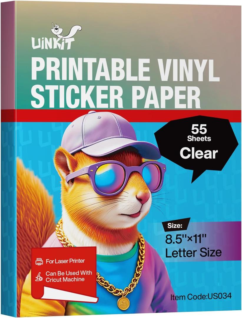 Uinkit 55 Sheets Printable Clear Sticker Waterproof Transparency Vinyl Sticker Only for Laser Printer -100% Transparent 8.5x11inch Full Sheet Labels for Personalized Labels, Custom Artwork