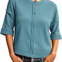 Saodimallsu Womens 3/4 Sleeve Cardigan Sweaters Button Down Crewneck Knit Cropped Tops Casual Fall Outerwear (Blue, M)