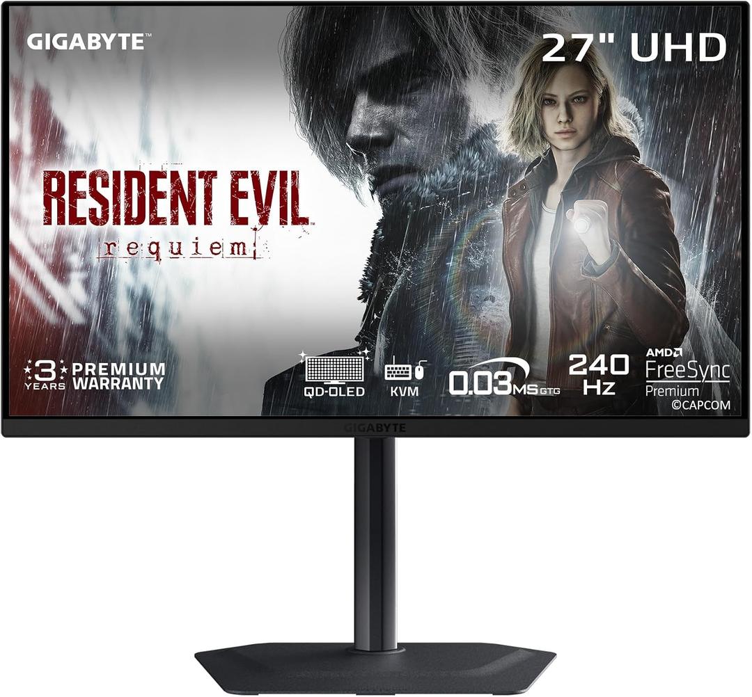 GIGABYTE - MO27U2-27" QD-OLED Gaming Monitor - UHD 3840x2160-240Hz - 0.03ms GTG - AMD FreeSync Premium Pro, G-SYNC Compatible - Type C KVM - HDMI, DP, Type-C - Height and Tilt Adjustable - Black