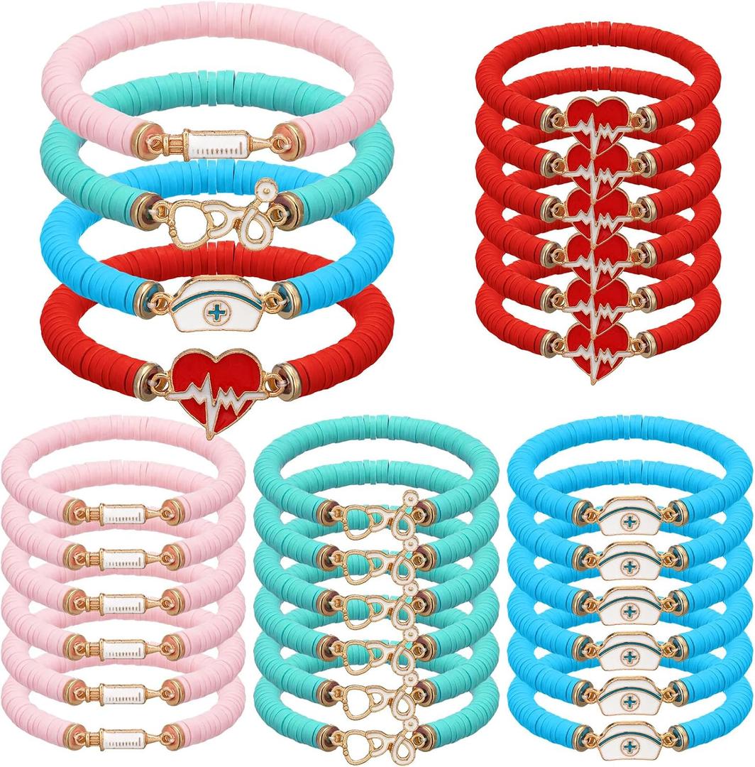 Huquary 24 Pcs CNA Week Bracelet Bulk Nurse Party Favors Nursing Party Supplies RN Polymer Clay Beaded Bracelets Favors BSN Jewelry Accessories for Women CNA Week Appreciation Gifts