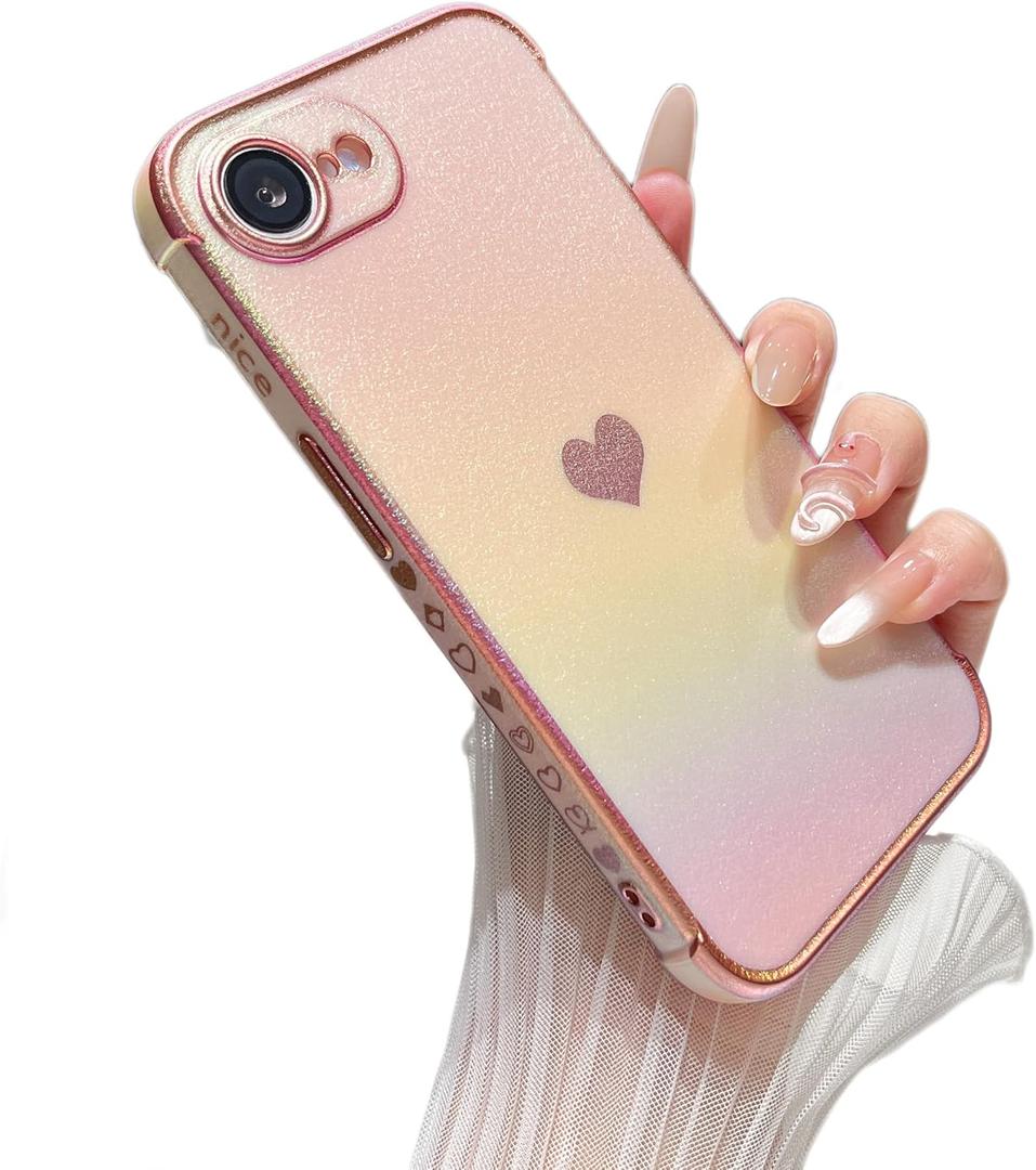 ZTOFERA for iPhone 16E/iPhone 17E Case 6.1 inch,Cute Colorful Iridescent Plating Edge Case with Love Hearts Pattern,Camera Lens Protection Shockproof Phone Case for Women Girls,Iridescent Pink
