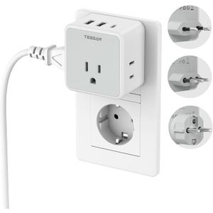 TESSAN All European Italy Travel Plug Adapter Kit, International Detachable with 3 Outlet 3 USB Charger (1 USB C), Type C/E/F/L EU Power Adaptor, US to France Germany Spain Greece Iceland (grey&white)