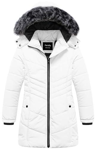 Pursky Girl's Fleece Winter Coat Youth Ski Jacket Bubble Down Puffer Coat With Faux Fur Trim Hood White 14-16