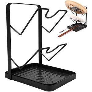 Kitchen Pot Lid Storage Rack with Drip Tray, Carbon Steel Double-Layer Pot Lid Holder While Cooking, Spoon Rest Counter Lids Stand Organizer for Pans Pots (Gun Gray)