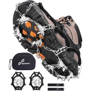 Sportneer Crampons Ice Cleats for Shoes and Boots with 28 Spikes - Traction Slip-on Stretch Footwear for Walking and Shoveling on Ice and Snow (Large, Black)