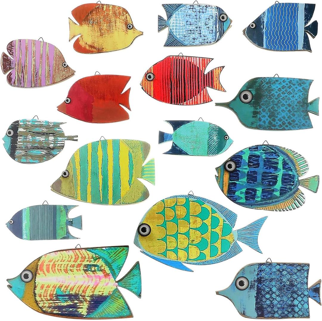 Spiareal 15 Pcs Wood Fish Nautical Wall Decor Wooden School of Fish Wall Art Vintage Hanging Beach Decor Ocean Coastal Theme Ornaments for Home Lake House Bathroom Bedroom (Cute)