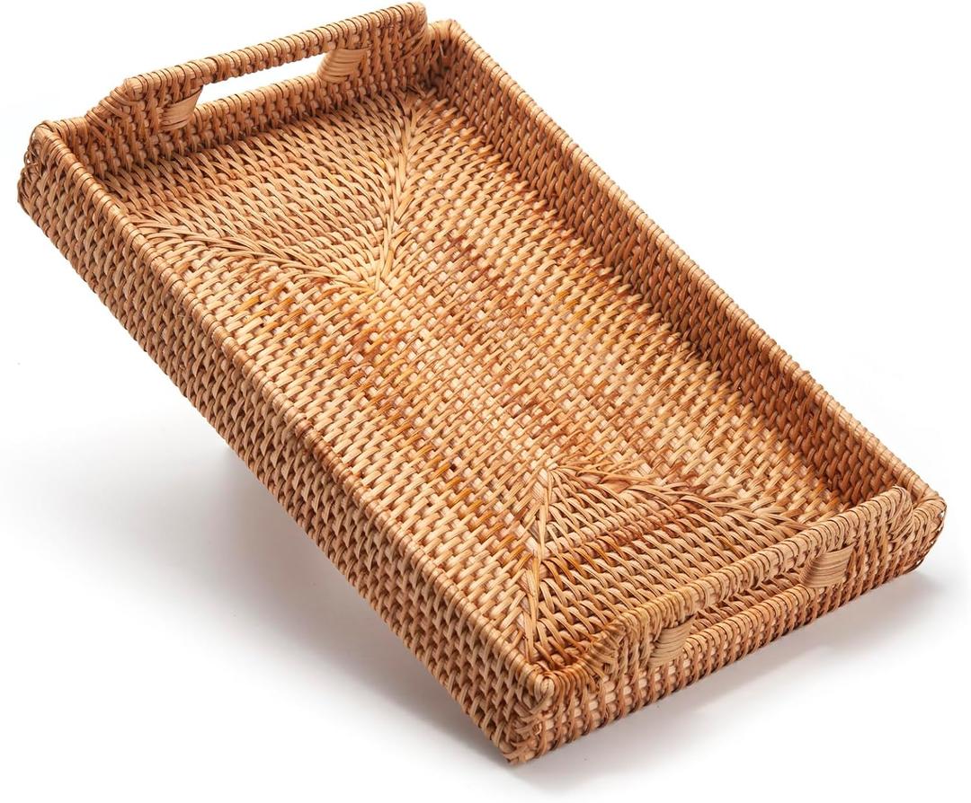 Rattan Serving Tray with Handles, Rectangular Wicker Basket Tray, Hand Woven Flat Basket for Coffee Table Dinning Room Bathroom (17 x 11.4 x 1.8 inch)