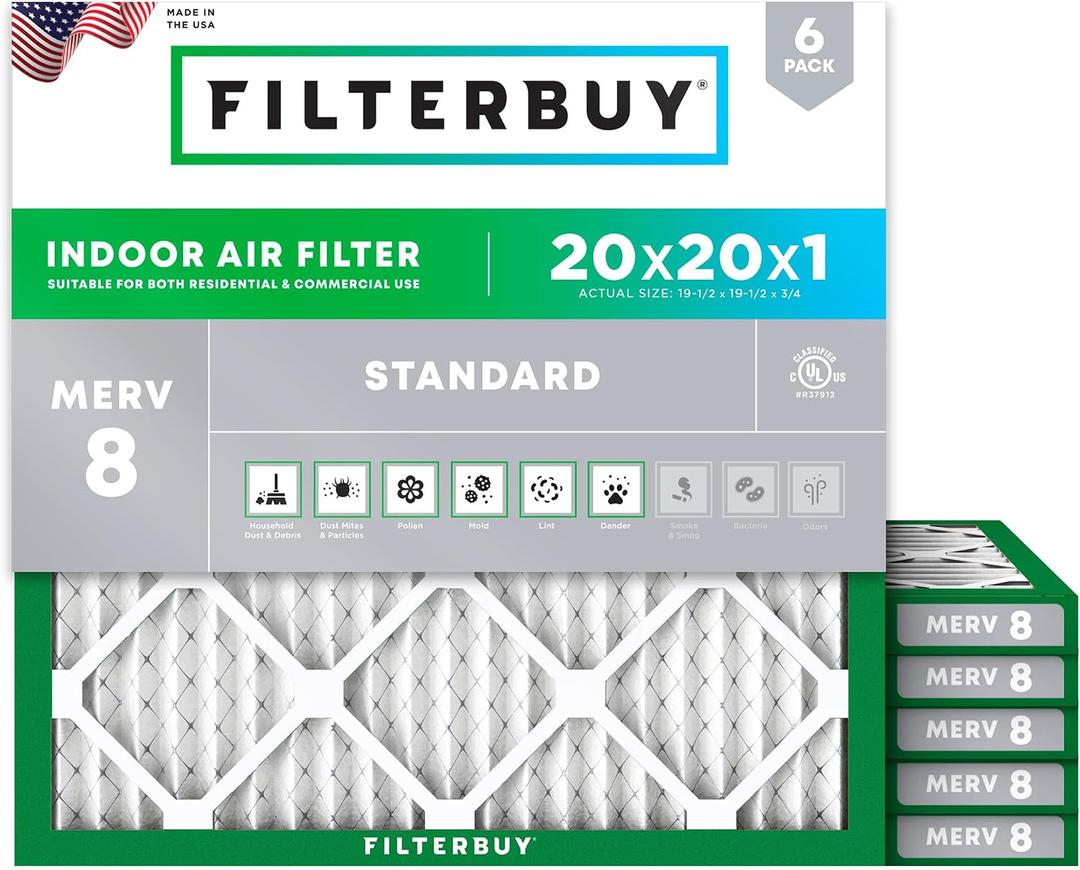 Filterbuy 20x20x1 Air Filter MERV 8 Essential Dust & Allergy Defense (6-Pack), Electrostatic Pleated HVAC AC Furnace Filters Replacement (Actual Size: 19.50 x 19.50 x 0.75)