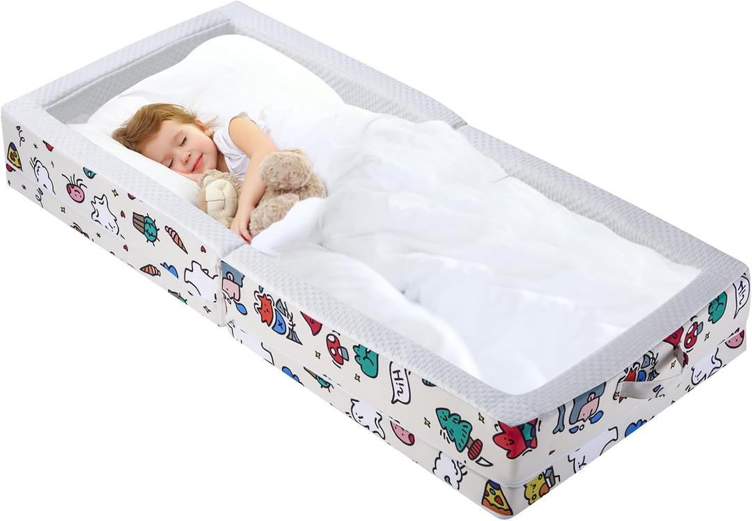 Portable Foldable Toddler Travel Bed  Air Layer Fabric Soft Foam Floor Crib with Safety Rails, No Assembly, Washable Cover, Compact Kids Sleep Solution for Home, Trips & Daycare, Cream