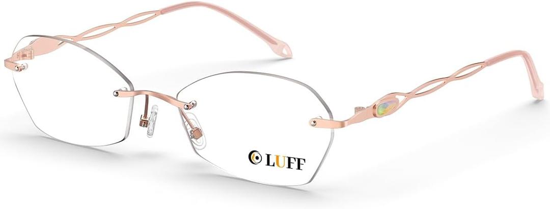 LUFF Rimless Reading Glasses for Women | Blue Light Computer Readers | Lightweight 16g Metal Frame | Eye Strain Relief (2.0x, Pink)