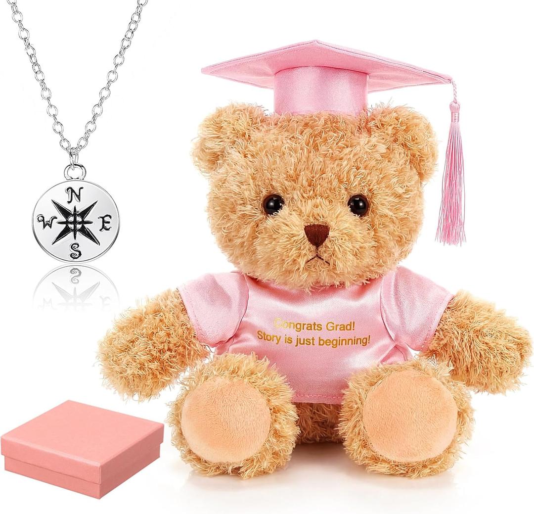 Zhanmai 3 Pcs 2026 Graduation Gift Set Include Graduation Plush Bears Encouragement Inspirational and Compass Necklace for Preschool Kindergarten Primary College High School Party Favors (Pink)