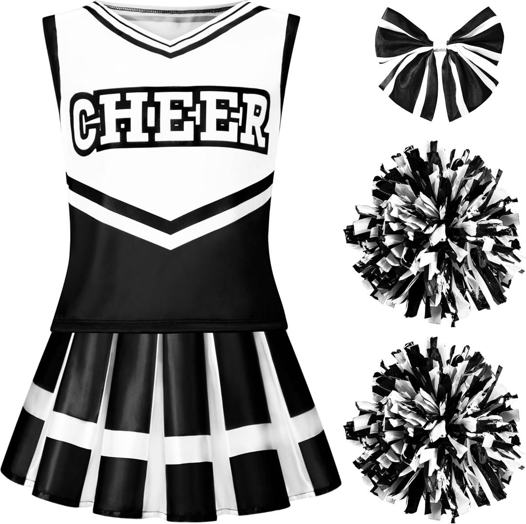 Spooktacular Creations Girl Cheerleader Costume, Halloween Cute Cheer Uniform Outfit with Accessories for Dress Up Parties (Large(10-12 yrs), Black White)