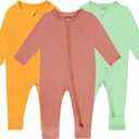 GUISBY Baby Pajamas with Mitten Cuffs - 3Pcs Girls Boys 2 Way Zipper Long Sleeve Rayon Sleepers (3-6 Months, Tangerine-orange-sage)