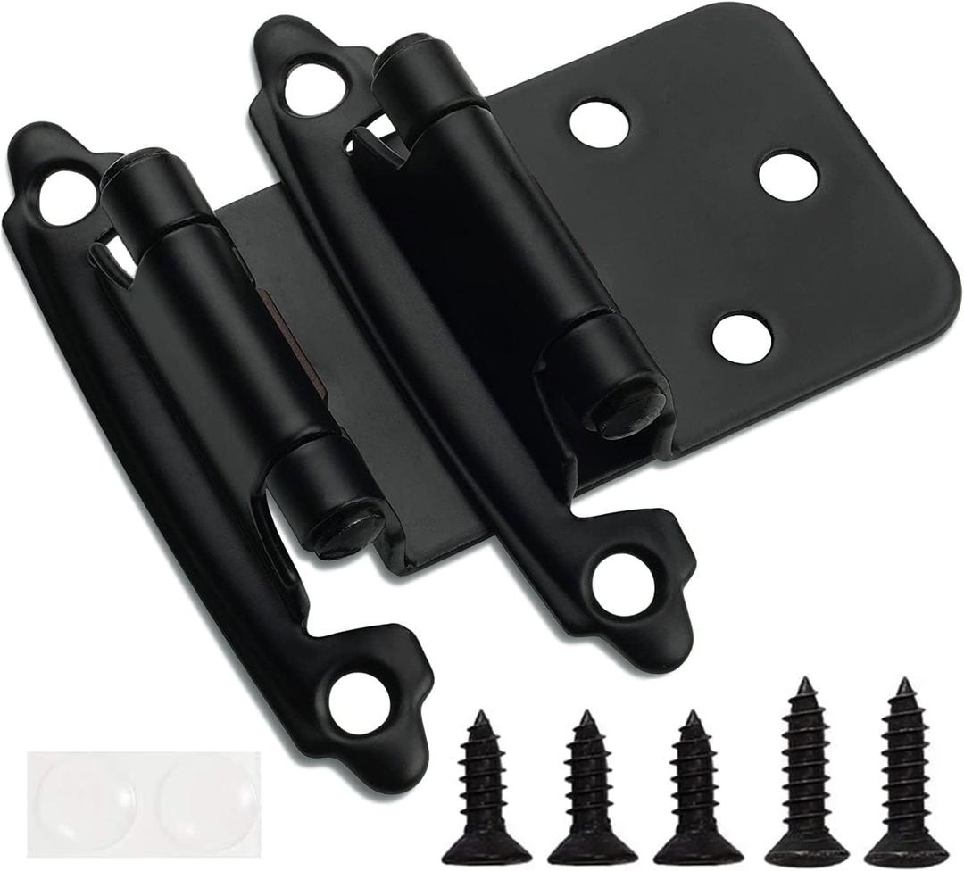 Decobasics 1/2" Overlay Matte Black Cabinet Hinges 50 Pack (25 Pair) Self Closing Bath & Kitchen Cabinet Hinges Black Flush Mount w/Door Bumpers & Upgraded Screws