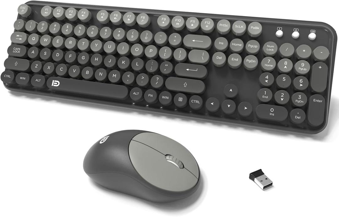 Wireless Keyboard and Mouse Combo, 104 Round Keys Cute Colorful Cordless Keyboard and Mouse with Retro Typewriter Black