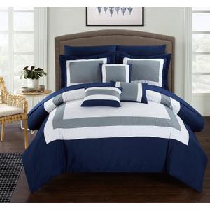 Chic Home Duke Queen Comforter Set 10-Piece, Colorblocked Queen Size Comforter Set with 2 Shams, 3 Pillows and Bedding Set Queen (Navy)