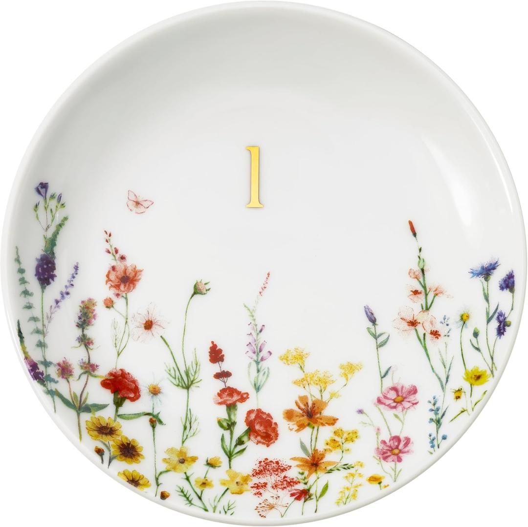 Crisky Initial Jewelry Tray Ring Dish & Gift Box, Ceramic Flower Trinket Dish for Rings Earrings Necklaces Keys, Bridal Shower Engagement Birthday Gift for Women, Friends 4.57" (Gold Foil L
