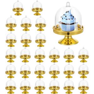 Prasacco 24 Pieces Plastic Mini Cake Stand With Dome Cover, Gold And Transparent Cupcake Containers, Dessert Display Plate Dessert Tray for Birthday Wedding Holiday Party Supplies