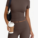 Trendy Queen Womens 2 Piece Workout Sets Short Matching Lounge Sets Summer Clothes Going Out Gym Outfits, Coffee Color ,S
