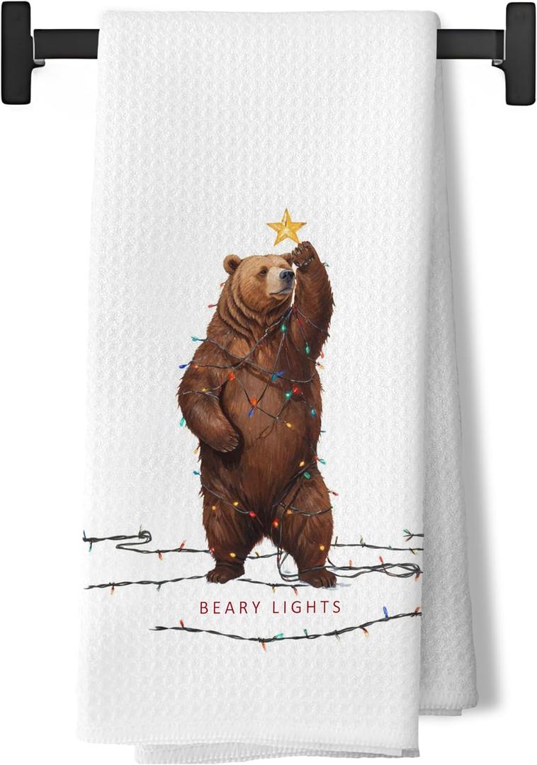 Funny Christmas Bear Kitchen Dish Tea Towels, Gifts for Bears Lovers, Christmas Lights Forest Animal Decorative Hand Towels for Bathroom Kitchen, Bear Bathroom Decor, 16x24 Inch