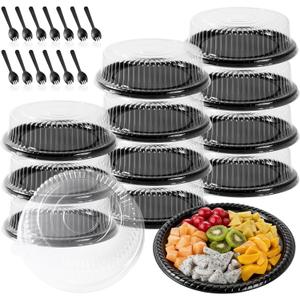 12 Pack 12 Inch Catering Trays with Lids and Sporks, Disposable Plastic Stackable Round Trays for Serving Food, Party Platters with Clear Dome Covers for Takeout & Picnics