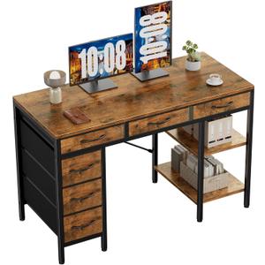 Sweetcrispy 47" Computer Desk with 6 Drawers, Home Office Gaming Desks with Storage Shelves for Bedroom, Writing Study Corner Living Room Work Table Rustic Brown