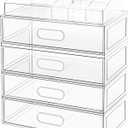 Clear Stackable Makeup Organizer with Drawer, 12''W Acrylic Storage Drawers, Cosmetic Display Case for Vanity Bathroom Countertop, Beauty Holder for Lipstick Brush Skincare Perfume (5 Pack)
