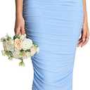 KUTUMAI Off Shoulder Corset Formal Wedding Guest Dresses for Women Elegant Bodycon Ruched Cocktail Party Midi Dress (Blue, L)
