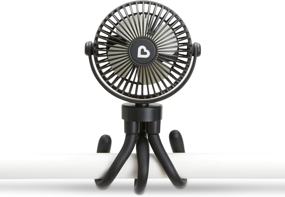 Munchkin Stroller Fan - Portable Fan for Travel, Baby Gear Accessory with 4 Speeds, Flexible Clip-on Leg Attachment, Rechargeable Battery, Black with Multicolored LED Lights
