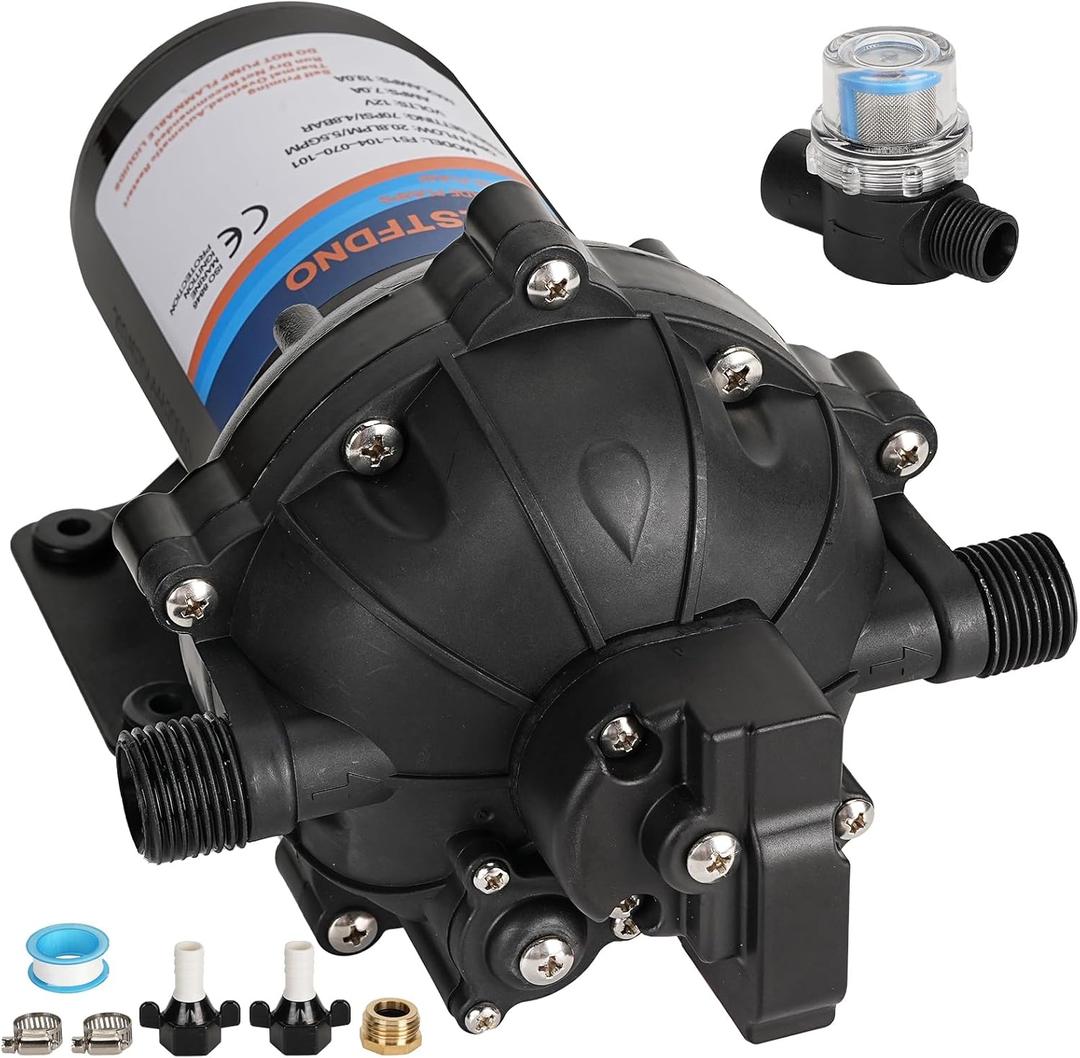 RV Fresh Water Pump, 5.5GPM 70PSI 12V DC Water Pump, Five Chamber Self-Priming Diaphragm Water Pump, with Heavy Duty Pressure Switch and Strainer for RV, Caravan, Marine, Yacht, Camping