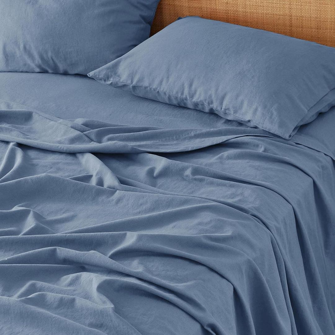 Bedsure Linen Sheets - Queen Size Bed, Blend from Linen Cotton Bedsheets, Breathable Cotton Bedsheets, Gifts for All Seasons, 4 Pieces, Blue