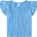 Ecolala Girls Summer Ruffle Short Sleeve Casual Pleated Blouse Cute Keyhole Neckline Solid Tops Blue, 13-14 Years