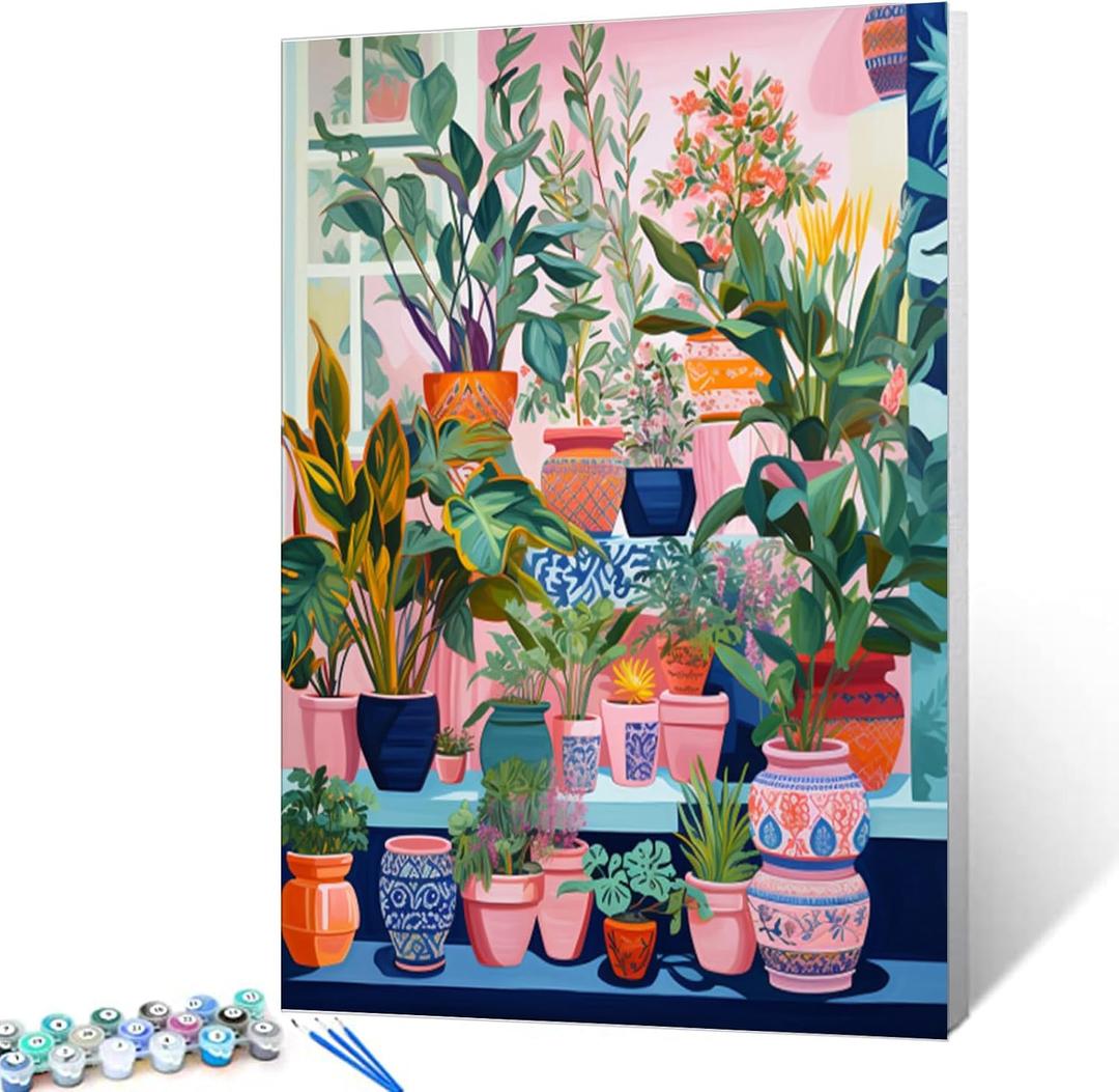Colorful Potted Plants Digital Painting Paint by Numbers Kit for Adults Acrylic Oil Painting Set Painting for Beginners Tropical Green Leafy Plants Drawing Wall Decor Gift 12x16 in (Frameless)