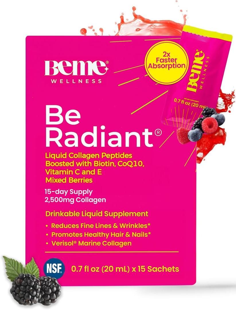 BeMe Liquid Collagen for Women - 2500mg Verisol Collagen Liquid with Biotin, CoQ10 & Vitamin C - Clinically Proven Collagen Peptides for Hair, Skin & Nails - 15 Mixed Berry Sachets