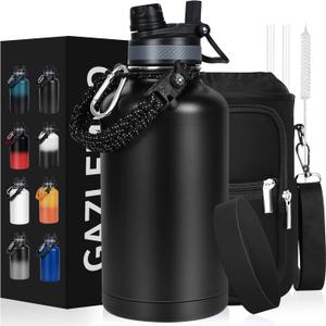 Insulated Water Bottle 64 oz, Half Gallon Water Jug Cold 48H, BPA Free Stainless Steel Bottles with Straw/Chug 2-in-1 Lid, Bag, Paracord Handle, Silicone Boot, Sports Gym School Metal Flask (Black)