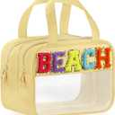 Chenille Letter Travel Makeup Bag, Preppy Patch Nylon Clear Cosmetic Tote with Handle and Zipper, Waterproof Large Snack & Stuff Bag Toiletry Storage Pouch for Women Girls (Beige-Beach)