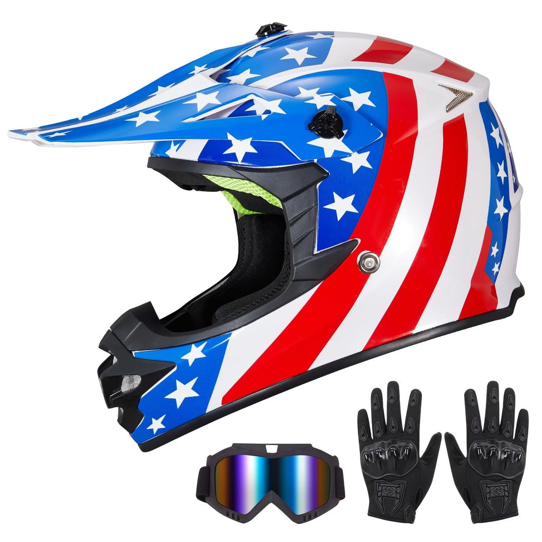 Youth Kids Dirt Bike Helmet,F001 DOT Approved Full Face Motocross Set(S) | F001 Kids Motorcycle Helmet with Goggles Gloves Carry Bag,Adjustable Visor,Washable Liner for Boys & Girls Off-Road ATV UTV, Great USA, Small