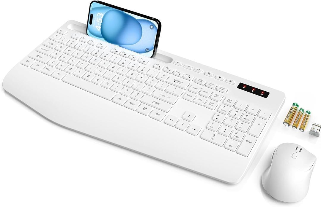 SABLUTE Wireless Keyboard and Mouse, Wrist Rest, Phone Holder, Batteries Included, 2.4G Lag-Free Ergonomic Keyboards Mouse Combo, Silent Keyboard Cordless Set for Computer, Laptop, PC, Windows, White (1 Pack)