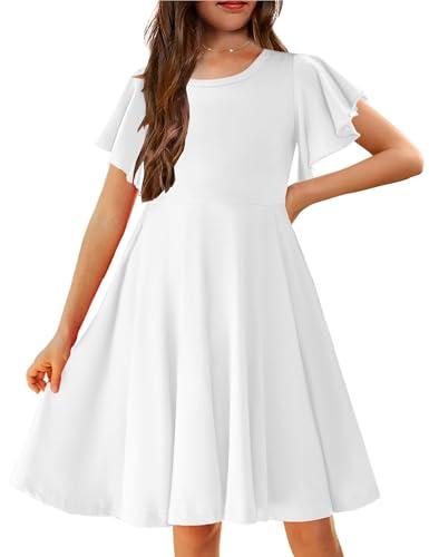 Arshiner Girls Dress Butterfly Sleeve Stretch A-Line Swing Skater Twirl School Dress with Pockets A White Tween 11-12 Y