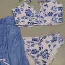 QJQ Girl's 3 Piece Floral Swimsuit Cute V Neck Bikini Set High Waisted Bathing Suit Sheer Mesh Cover Up Skirt Blue 11-12 Years
