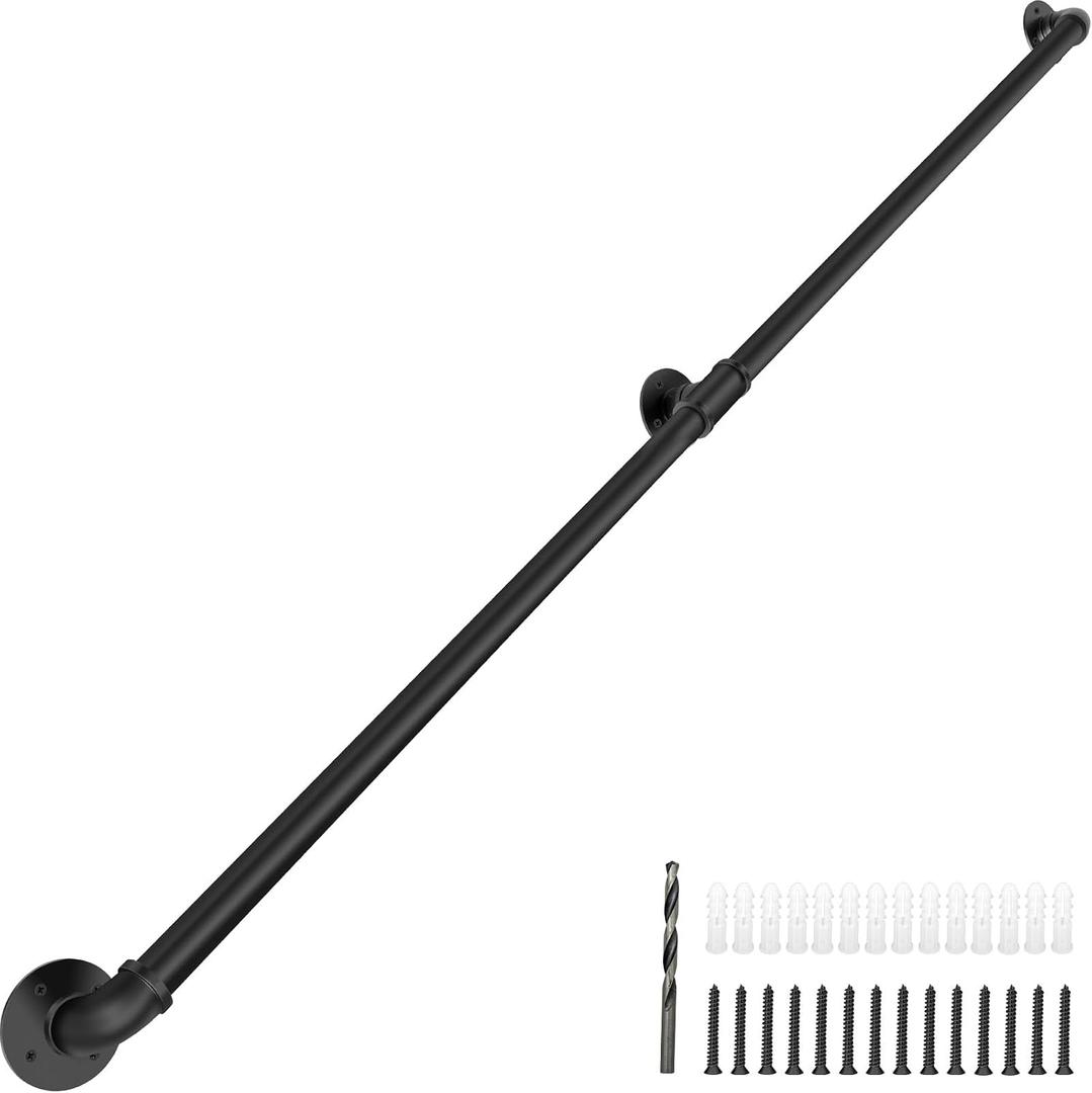 Wall Mount Industrial Staircase Handrails 8FT, 1.3" Hand Rails for Indoor Stairs,Black Galvanized Pipe Stair Handrail,Grab Bar for Steps,Stair Railing Indoor