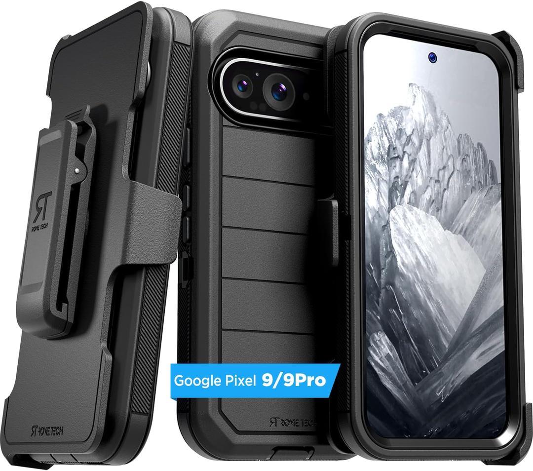 Designed for Google Pixel 9 & Pixel 9 Pro Case with Belt Clip Holster & Kickstand, Screenless Dual-Layer Shockproof Phone Case - Black