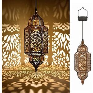 Twinkya 2 Pack Hanging Solar Lights Outdoor Garden Decorative Solar Lantern Waterproof Metal Moroccan Outdoor Decorations for Patio Pathway Yard Porch Backyard Garden Decor (Gold, 2 Pack)