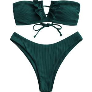 ZAFUL Women's Strapless Ribbed V Wired Lace Up Ruffle Tie High Cut Bandeau Swimsuits Bikini Set (S, 0-peacok Blue) ZAFUL Women's Strapless Ribbed V Wired Lace Up Ruffle Tie High Cut Bandeau Swimsuits Bikini Set (S, 0-peacok Blue)