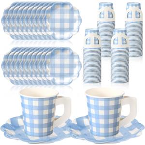 FoldTier 100 Pcs Blue Gingham Tea Party Plates and Cups Blue Gingham Party Supplies Disposable Paper Plates and Tea Cups with Handles Checkered Tableware Set for Wedding Baby Shower Birthday Decor