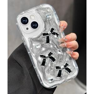 Toycamp for iPhone 14 Case Cute - Women Girly Girls Glitter Phone Cover 14 Kawaii Sparkle Bling Shine Aesthetic Pretty Unique Wave Design Funda for Apple 14, Black Bowtie